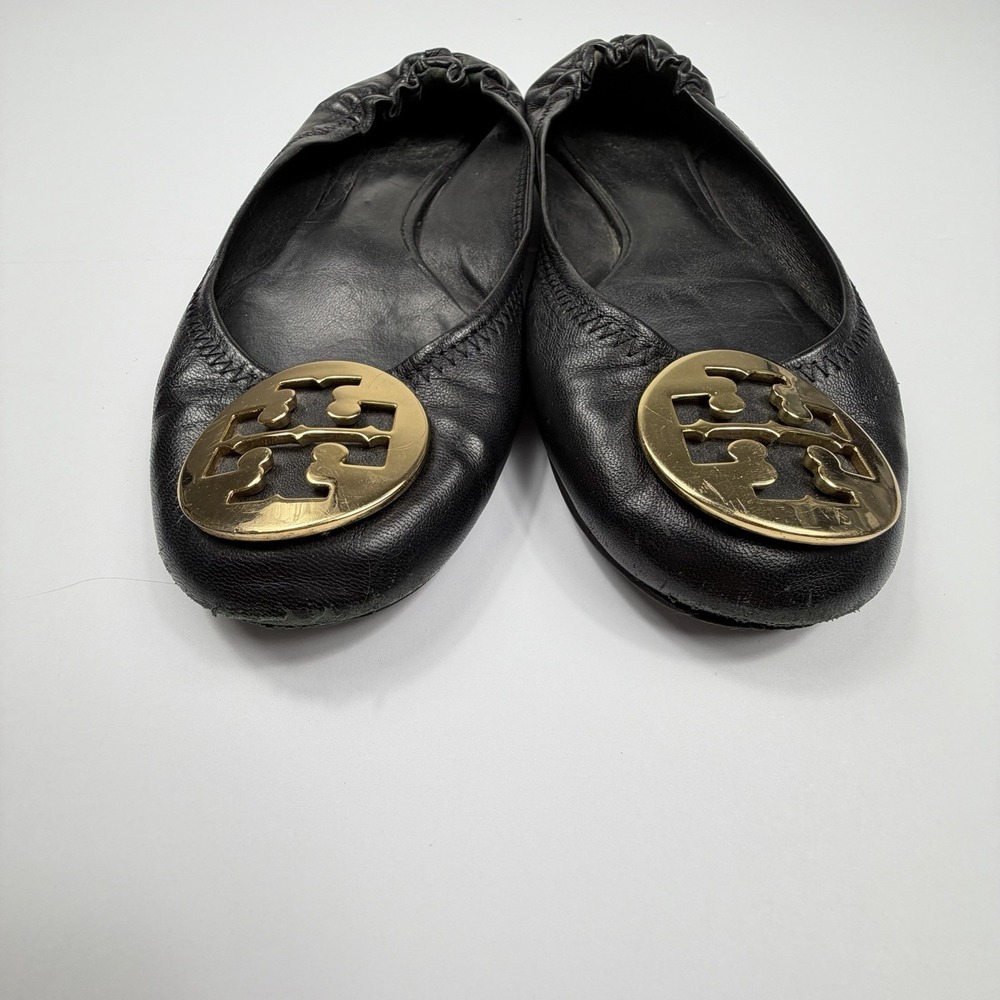Tory Burch Reva Ballet Flats Womens 7.5 Black Leather Gold Logo Slip On Shoes - Picture 4 of 9